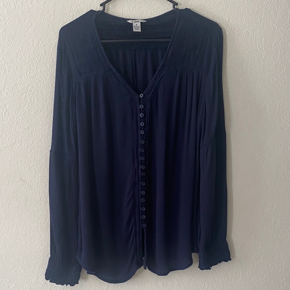 Bass Navy Button-Front V-Neck Blouse - Picture 2 of 11